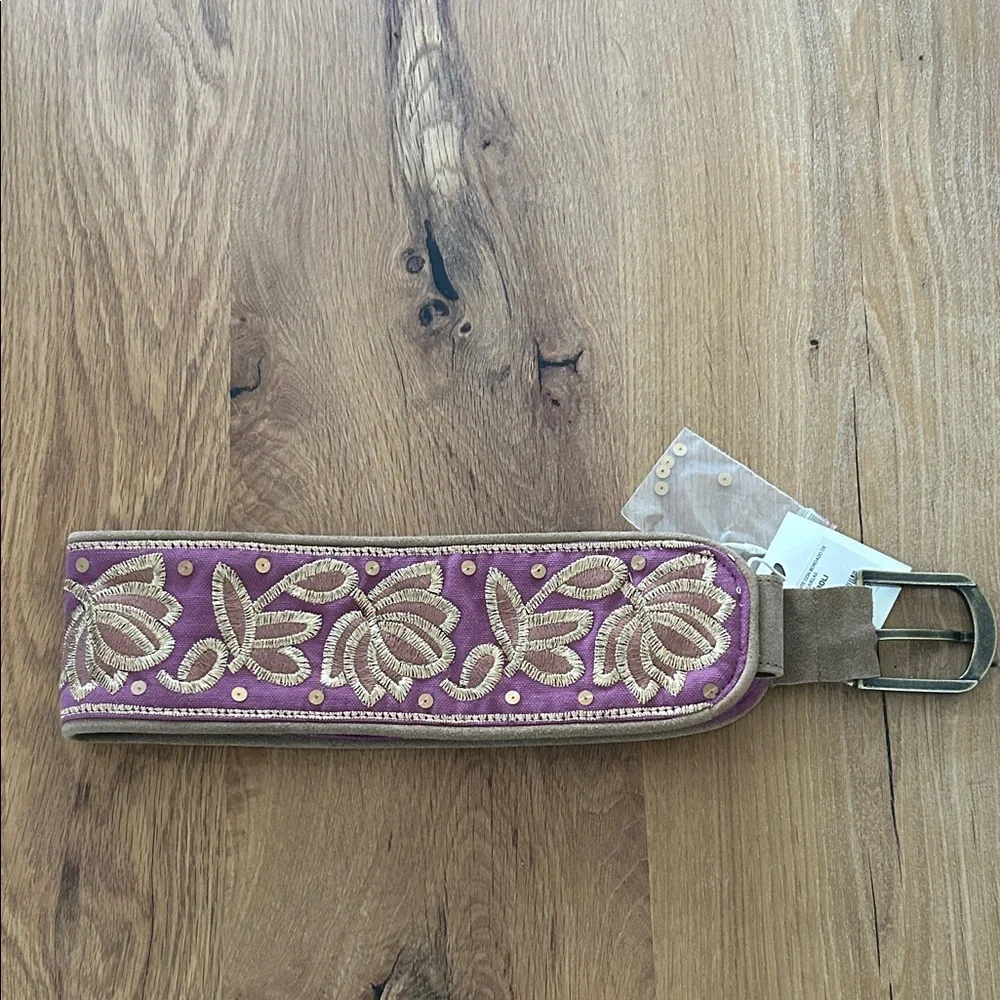 Nekane Purple Embroidered Cotton & Suede Wide Statement Belt Boho Artisan NWT